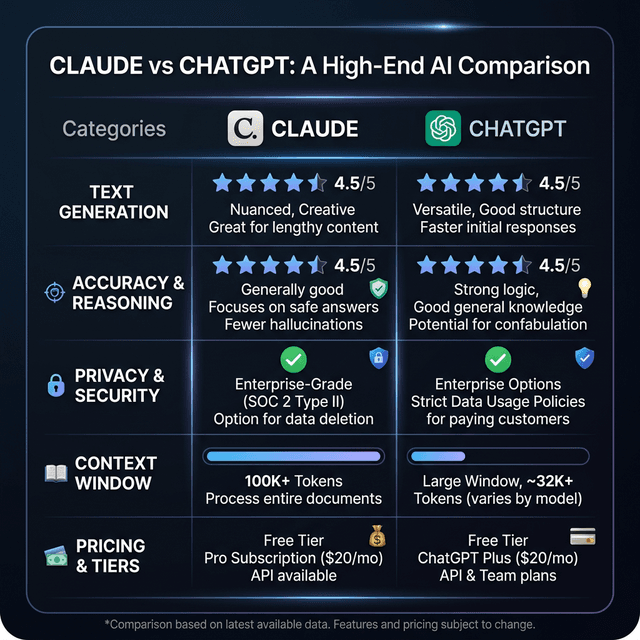 Claude versus ChatGPT detailed feature comparison showing performance capabilities pricing privacy differences 2026