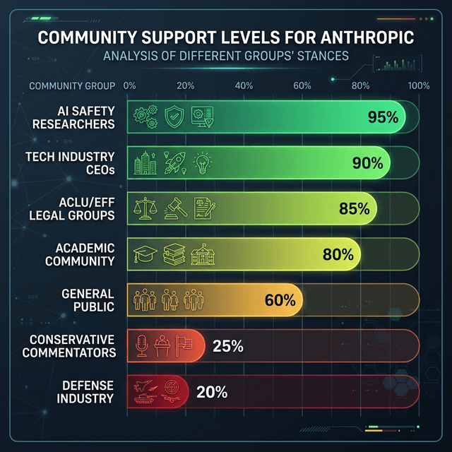 Community support levels bar chart showing AI safety researchers tech CEOs legal groups academics backing Anthropic position