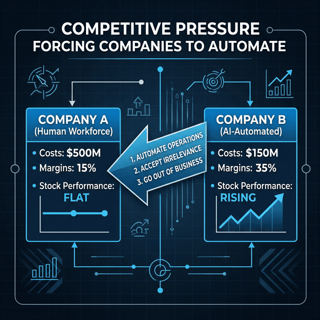 Competitive pressure forcing companies to automate with AI showing business case driving workforce displacement decisions