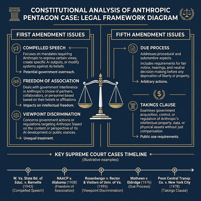 Constitutional legal analysis diagram showing First Amendment compelled speech and Fifth Amendment due process issues in Anthropic Pentagon case