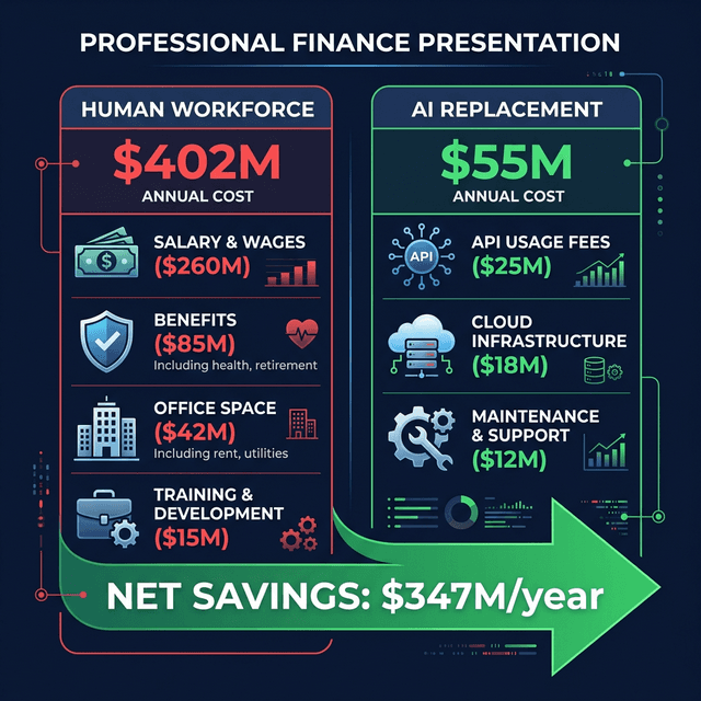 Cost comparison human workers versus AI automation showing massive savings driving AI job displacement decisions