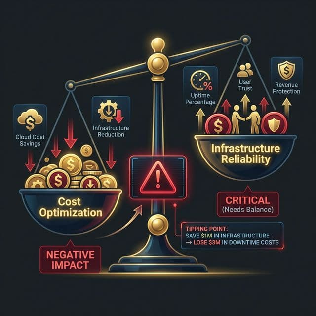 Balance scale showing cost optimization versus infrastructure reliability with warning about tipping point where savings cause downtime losses