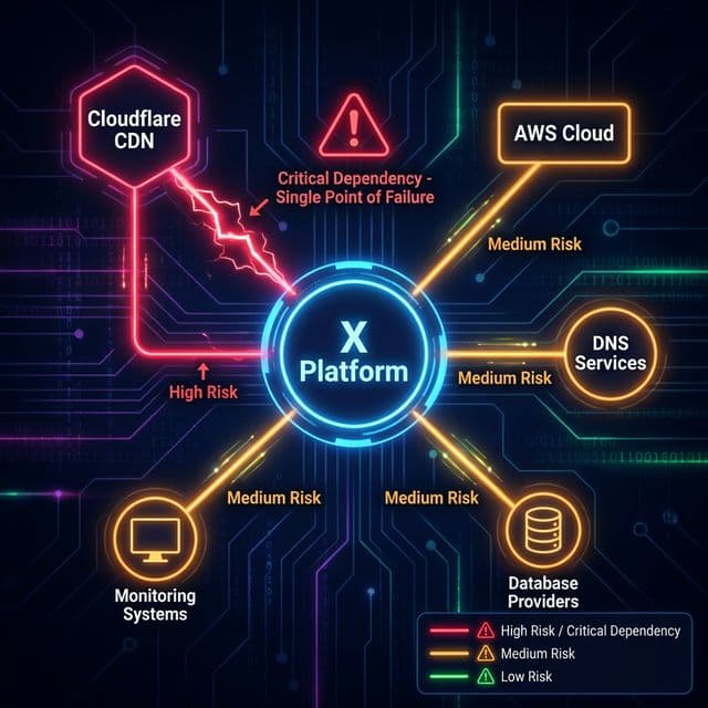 Network dependency map showing X Twitter platform reliance on third party services with Cloudflare highlighted as critical single point of failure
