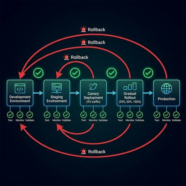 Deployment pipeline flowchart showing development to staging to canary to gradual rollout to production with rollback paths