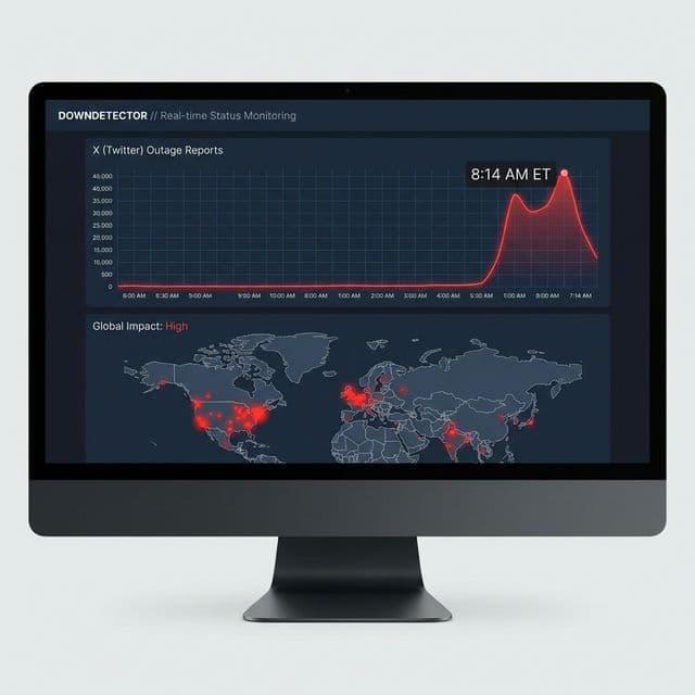 Downdetector monitoring dashboard showing X Twitter outage spike reaching 40,000 reports at 8:14 AM ET on February 16 2026