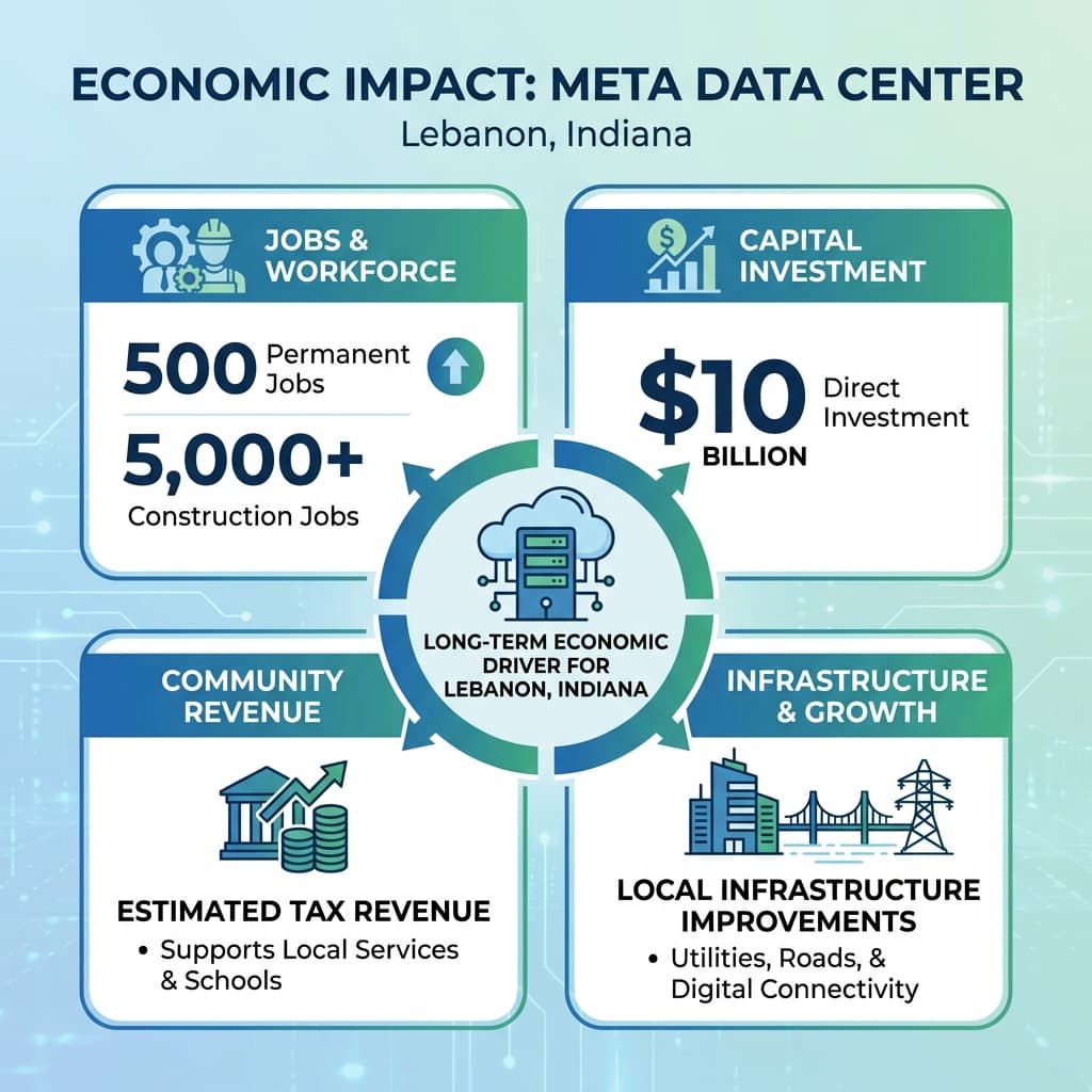Economic impact analysis Meta Indiana AI data center showing 500 jobs tax revenue local investment