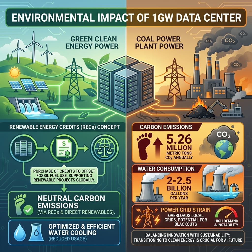 Environmental impact infographic Meta AI data center power emissions water consumption concerns