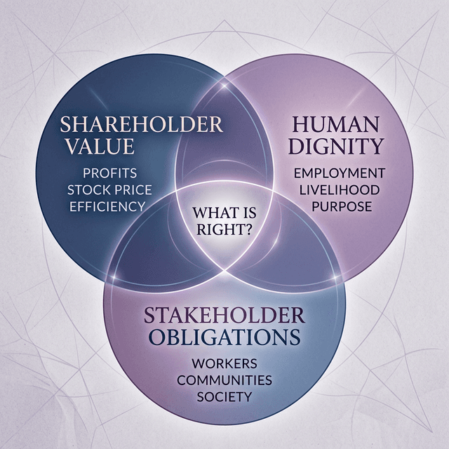 Ethical framework showing tension between shareholder value stakeholder obligations human dignity in AI job displacement decisions