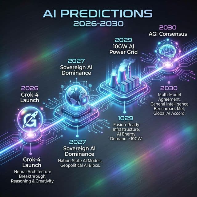 Future AI predictions timeline 2026 to 2030 showing AGI milestones sovereign AI growth geopolitical shifts