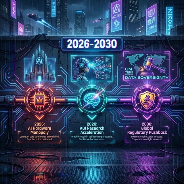 Future predictions timeline 2026-2030 showing AI Hardware Monopoly AGI Research Acceleration Global Regulatory Pushback
