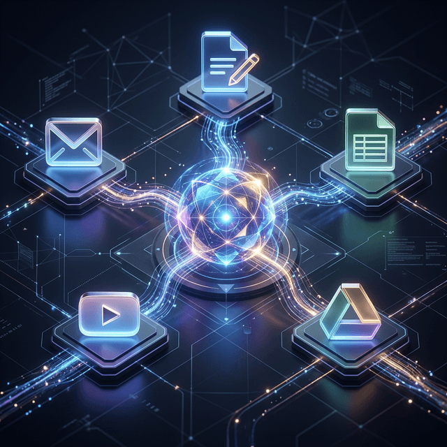 Google Gemini ecosystem integration showing Gmail Docs Sheets Drive Calendar YouTube connections 2026
