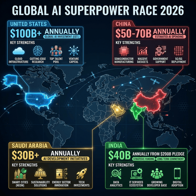Global AI superpower race map showing United States China Saudi Arabia India competing for AI dominance with investments 2026