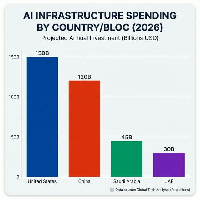 Global AI superpower comparison USA versus China versus Middle East showing strengths challenges market position