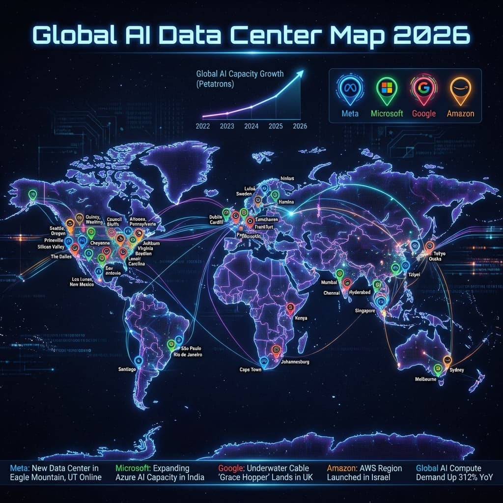 Global AI data center map showing Meta Microsoft Google Amazon infrastructure locations worldwide