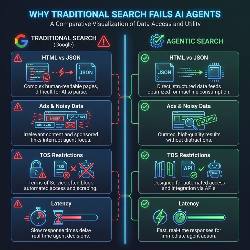 Visualization showing why traditional search fails for AI agents