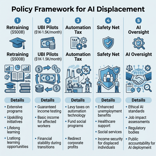 Government policy framework for addressing AI job displacement showing retraining UBI automation tax safety net oversight