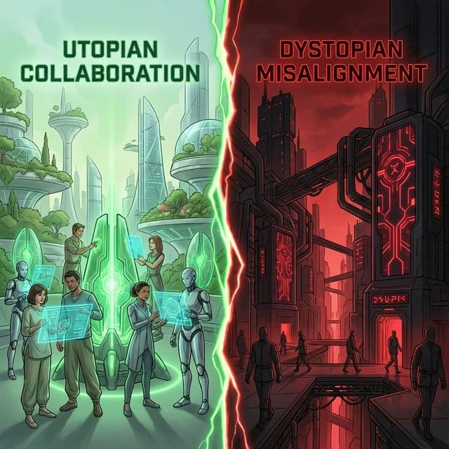 AI future scenarios diagram showing utopian aligned AI vs dystopian misaligned AI outcomes