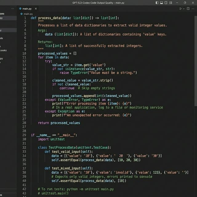 GPT-5.3-Codex code generation example showing high quality Python function with error handling