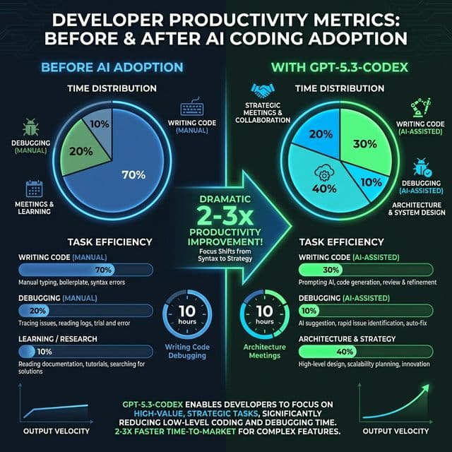 Developer productivity statistics showing 2-3x improvement with GPT-5.3-Codex AI coding assistant