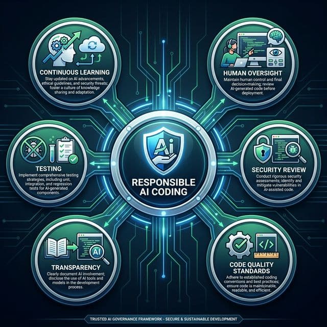 Responsible AI coding ethics framework showing human oversight security review and quality standards