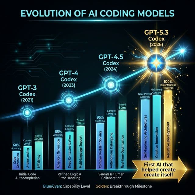 Evolution timeline GPT-3 Codex to GPT-5.3-Codex showing AI coding capability improvements 2021 to 2026