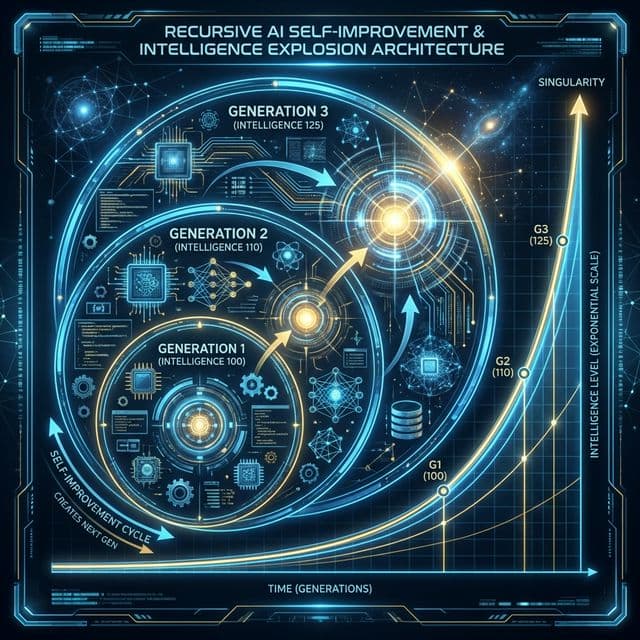 Recursive self-improvement AI concept diagram showing intelligence explosion potential