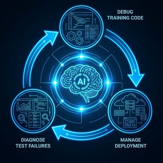 GPT-5.3-Codex self-improvement cycle diagram showing AI debugging its own training pipeline