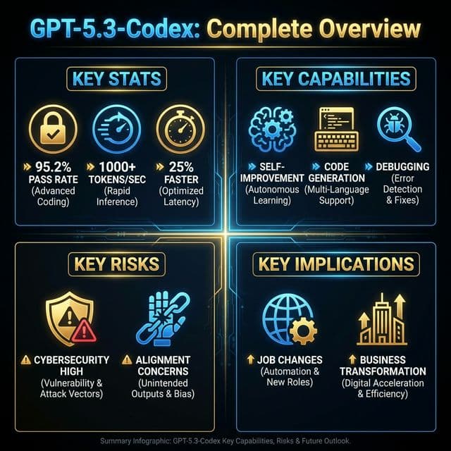 GPT-5.3-Codex complete overview infographic showing key stats capabilities risks and implications