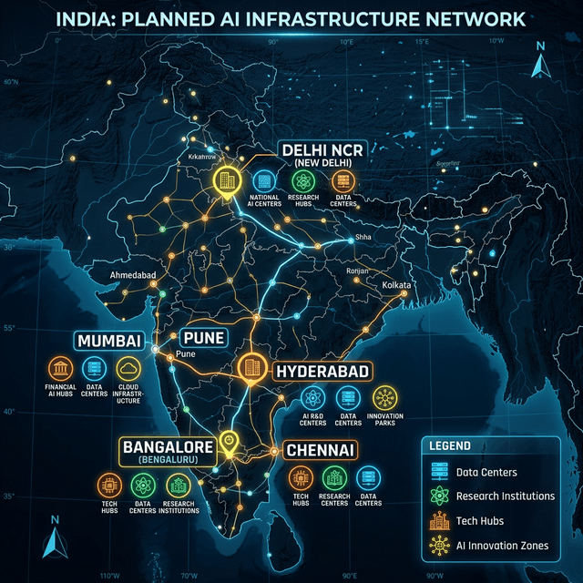 India AI infrastructure map showing planned data centers research institutions tech hubs across states major cities