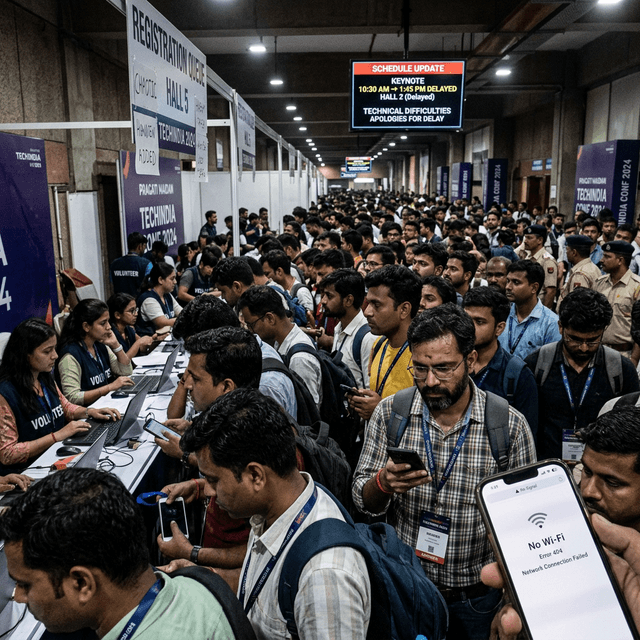 India AI Summit 2026 chaos behind scenes registration queues WiFi failure technical difficulties crowds at Pragati Maidan