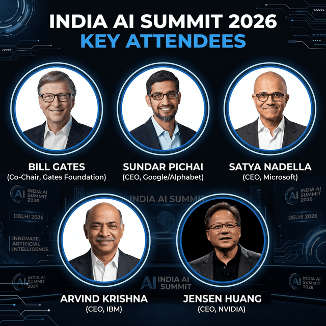 India AI Summit 2026 key attendees Bill Gates Sundar Pichai Satya Nadella Jensen Huang Arvind Krishna tech leaders