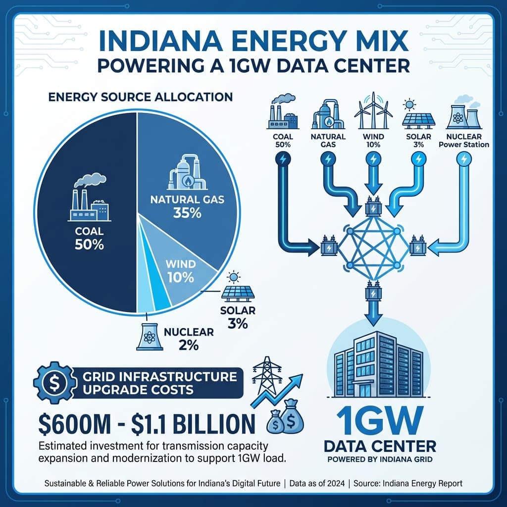 Indiana power grid energy mix showing sources powering 1 gigawatt Meta AI data center