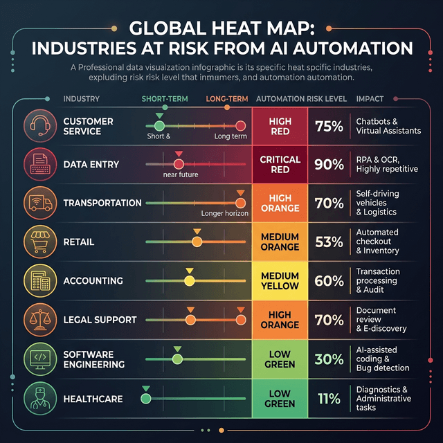 Industries at risk from AI automation heatmap showing customer service data entry transportation vulnerability to job displacement