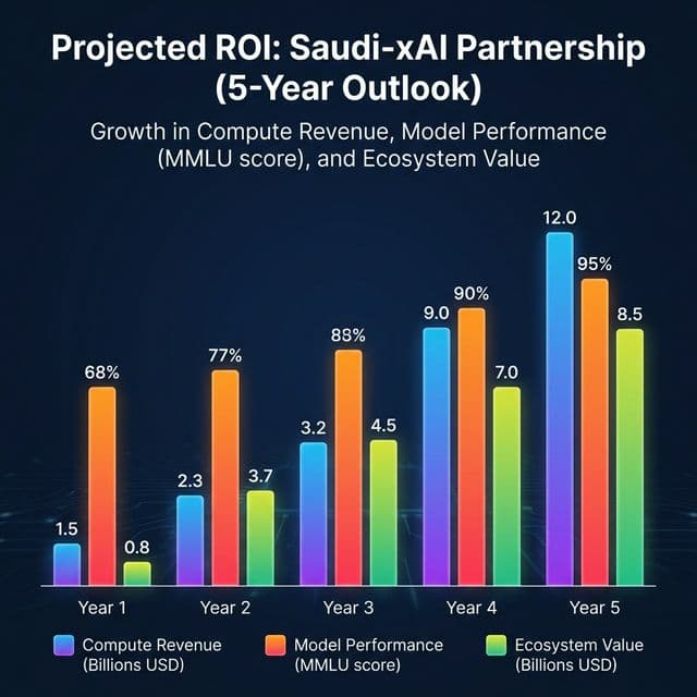 Investment ROI projections for Saudi xAI partnership showing growth in compute revenue and model capability