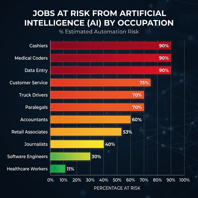 Jobs at risk from AI automation by occupation showing percentage vulnerable and displacement timeline