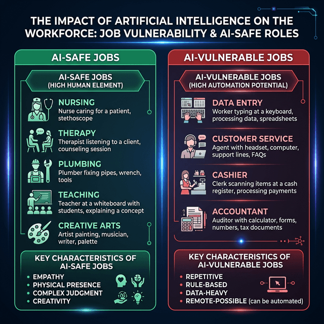Jobs safe from AI versus vulnerable comparison showing characteristics that protect from AI job displacement