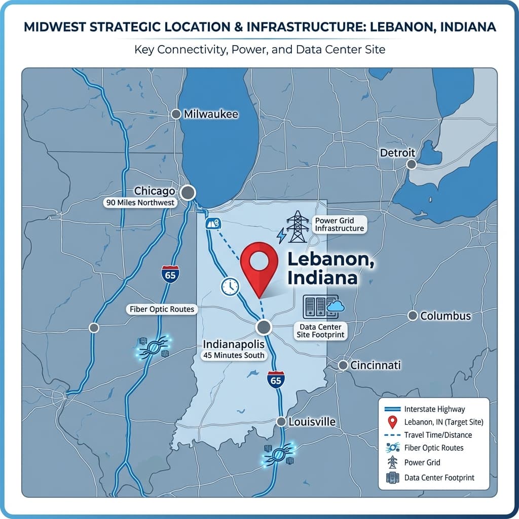 Lebanon Indiana location map showing Meta data center site power grid fiber infrastructure