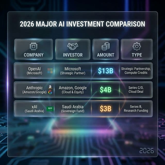 Major AI investment comparison table Microsoft OpenAI Google Anthropic Saudi Arabia xAI showing deal structures