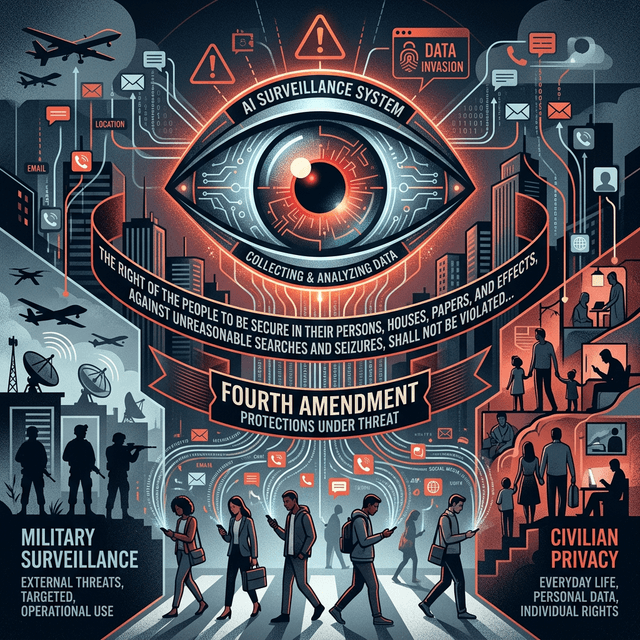 Mass surveillance AI concerns showing Fourth Amendment protections civilian privacy versus military intelligence gathering