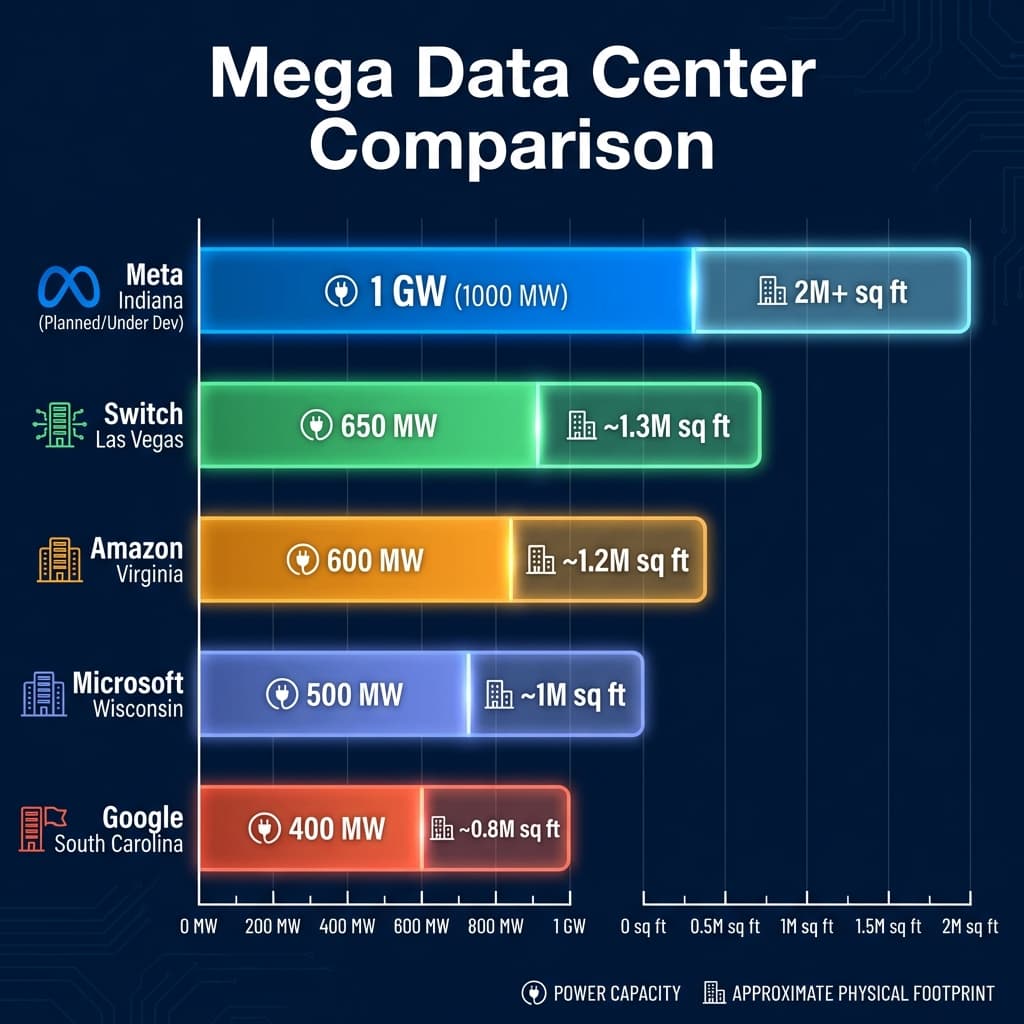 Mega data center comparison chart showing Meta vs Microsoft vs Google vs Amazon facility sizes
