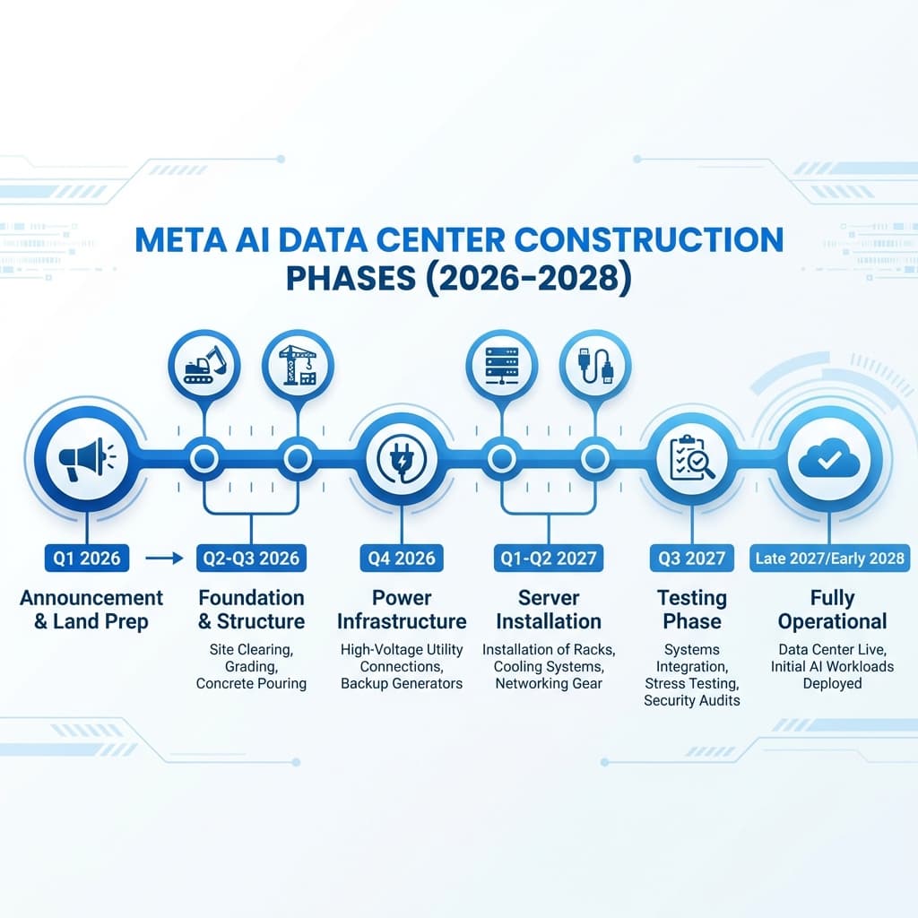 Meta AI data center construction timeline 2026 to 2028 showing project milestones