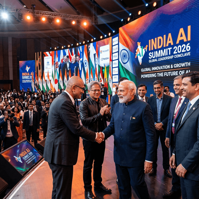 PM Modi greeting tech CEOs at India AI Summit 2026 New Delhi Pragati Maidan global AI leadership conclave