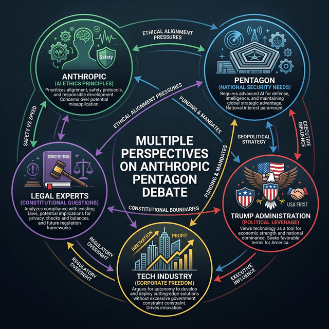 Multiple perspectives diagram showing Pentagon Anthropic Trump administration tech industry legal experts viewpoints on military AI debate