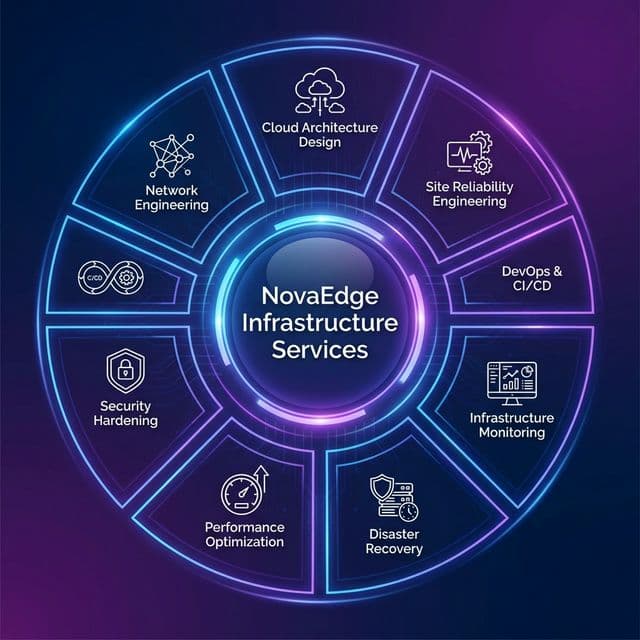NovaEdge Digital Labs infrastructure services diagram showing offerings including cloud architecture SRE DevOps monitoring disaster recovery performance and security