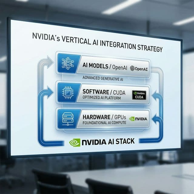 Vertical integration strategy diagram showing Nvidia controlling chip layer plus AI model layer creating platform monopoly