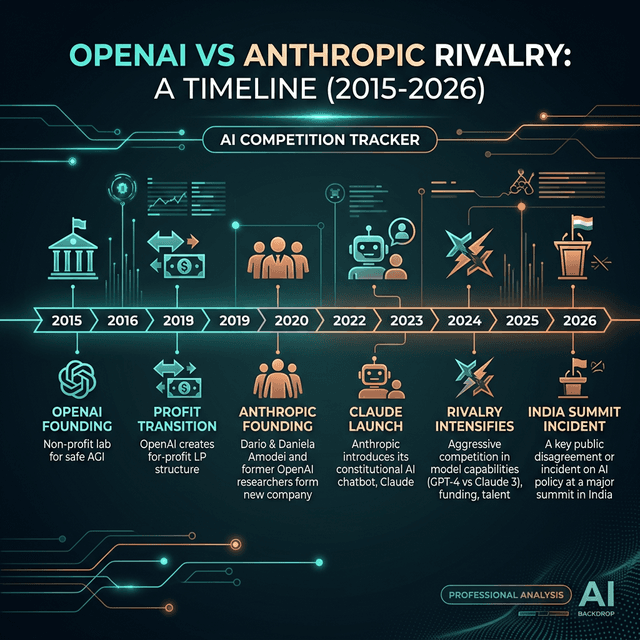 OpenAI versus Anthropic rivalry timeline infographic from 2015 founding to 2026 India AI Summit incident