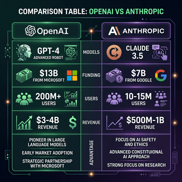 OpenAI versus Anthropic comparison chart showing ChatGPT Claude funding models capabilities revenue competition 2026