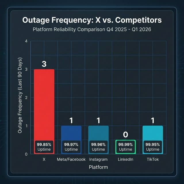 Bar chart comparing outage frequency between X Twitter and competitors showing X with 3 outages versus competitors with 0 to 1 outages