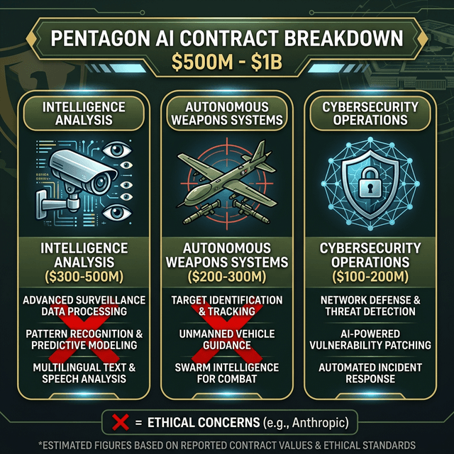 Pentagon AI contract breakdown showing intelligence analysis autonomous weapons cybersecurity components Anthropic refused over ethical concerns