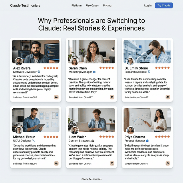 Real user testimonials people who switched from ChatGPT to Claude showing experiences and results